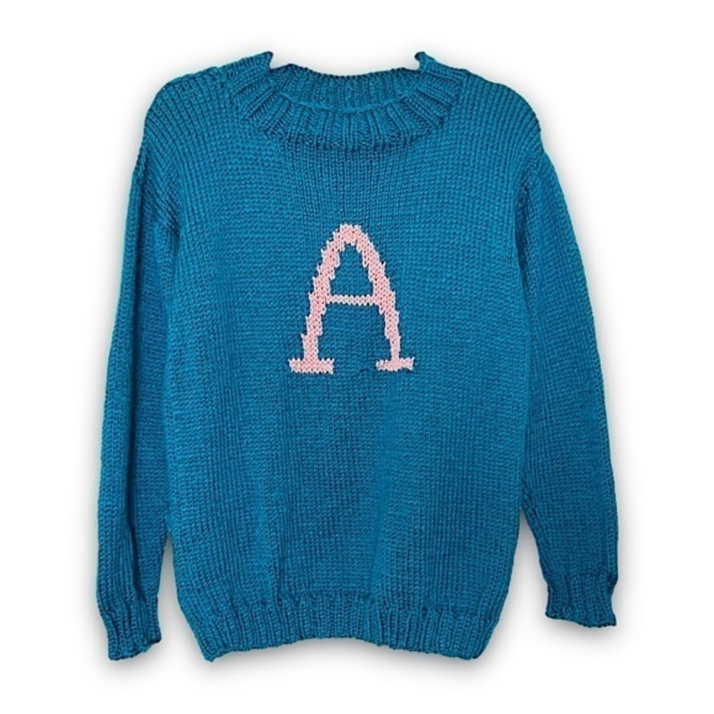 Handmade Thick Knit Graphic Monogram A Initial Crew Neck Tunic Sweater Teal M